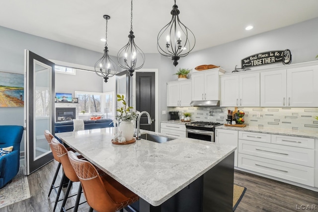 kitchen with a sink, under cabinet range hood, tasteful backsplash, an inviting chandelier, and stainless steel range with gas stovetop