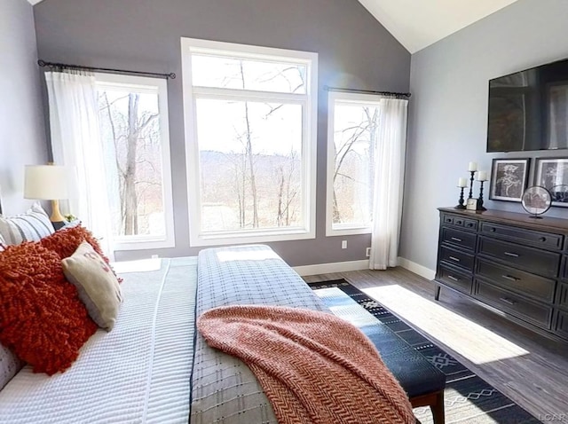 bedroom featuring baseboards, multiple windows, wood finished floors, and vaulted ceiling