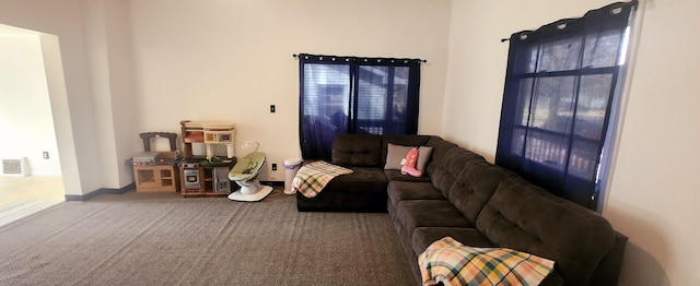 living area with carpet and baseboards