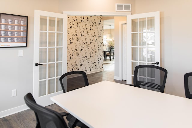 office with french doors, baseboards, visible vents, and dark wood-style flooring