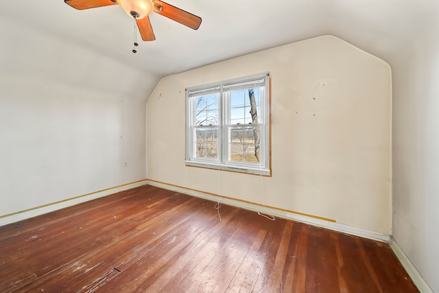 bonus room with lofted ceiling, baseboards, wood-type flooring, and ceiling fan