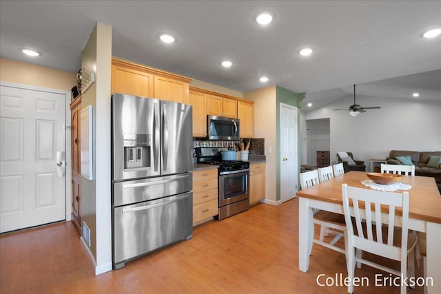 kitchen with ceiling fan, light brown cabinetry, recessed lighting, light wood-style flooring, and appliances with stainless steel finishes