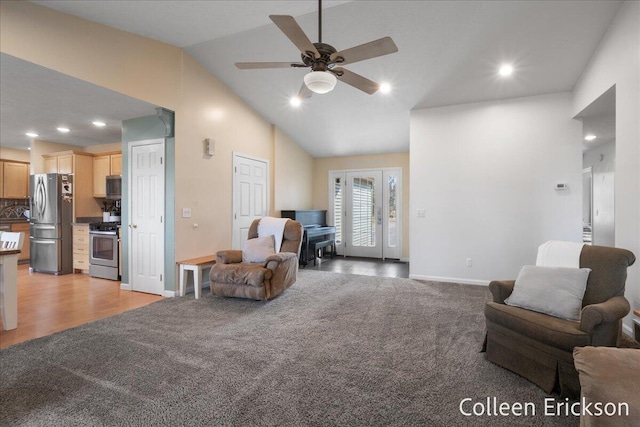 sitting room featuring recessed lighting, light colored carpet, baseboards, and a ceiling fan