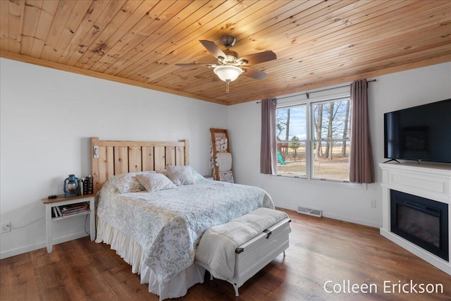 bedroom with visible vents, wood ceiling, and wood finished floors