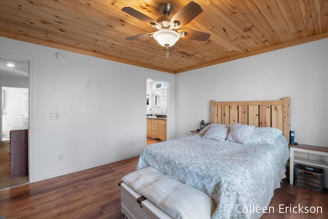 bedroom with wood finished floors, baseboards, ensuite bath, crown molding, and wooden ceiling