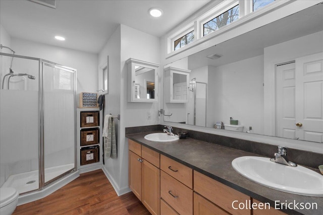 bathroom featuring a shower stall, wood finished floors, double vanity, and a sink