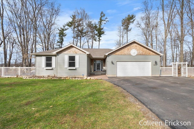 ranch-style home with a front lawn, aphalt driveway, fence, a shingled roof, and a garage