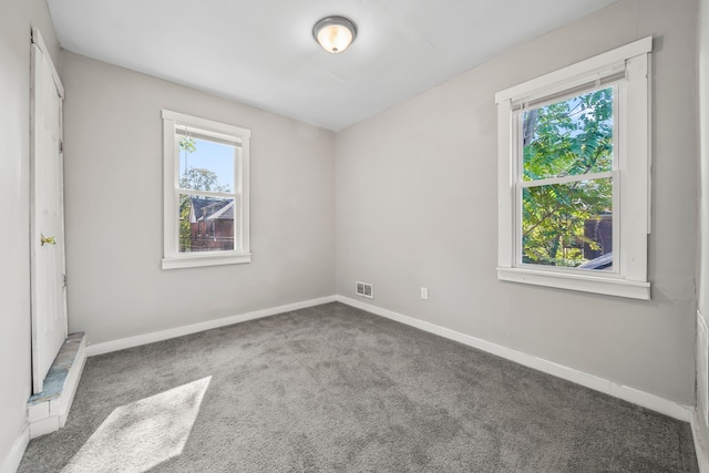 unfurnished bedroom featuring visible vents, multiple windows, carpet, and baseboards