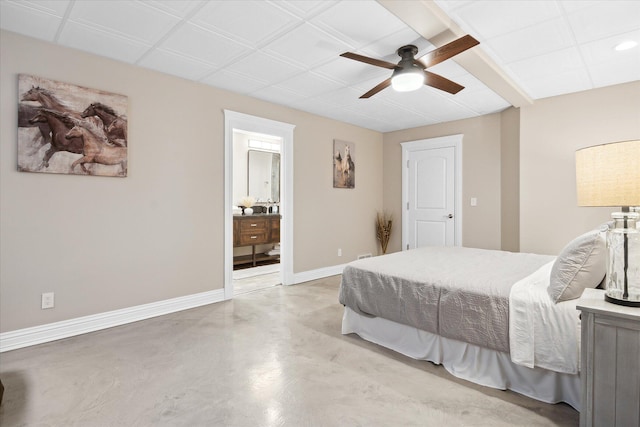2122 Grange Rd, Buchanan, MI 49107 - bedroom with concrete flooring, baseboards, connected bathroom, and a ceiling fan