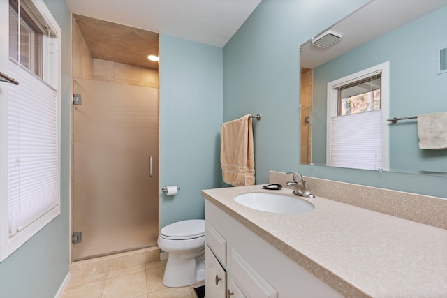 bathroom featuring vanity, visible vents, tile patterned flooring, a shower stall, and toilet