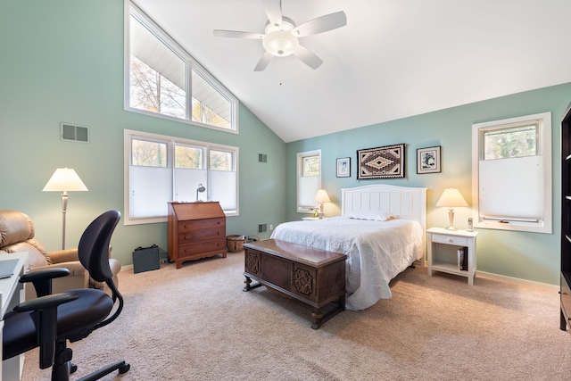 carpeted bedroom featuring visible vents, baseboards, high vaulted ceiling, and ceiling fan