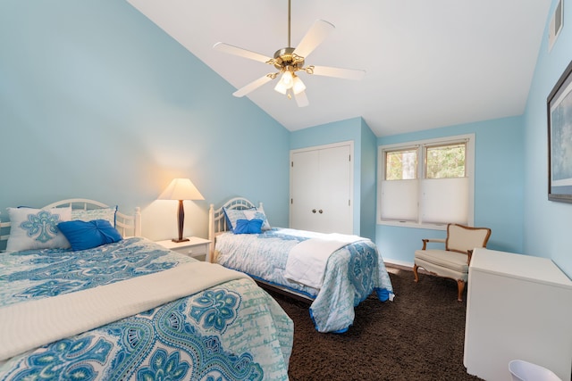 bedroom featuring visible vents, carpet floors, ceiling fan, and vaulted ceiling