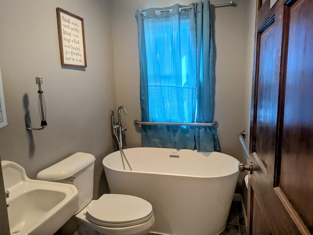 bathroom with toilet, a freestanding bath, and a sink