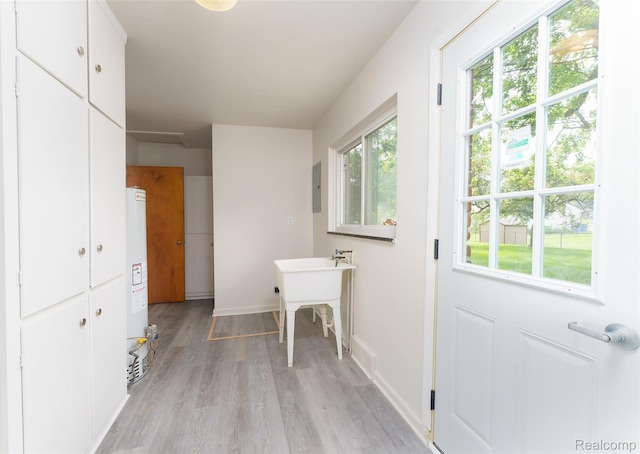2810 Otsego Rd, Waterford, MI 48328 - laundry room featuring light wood-style floors, gas water heater, and electric panel