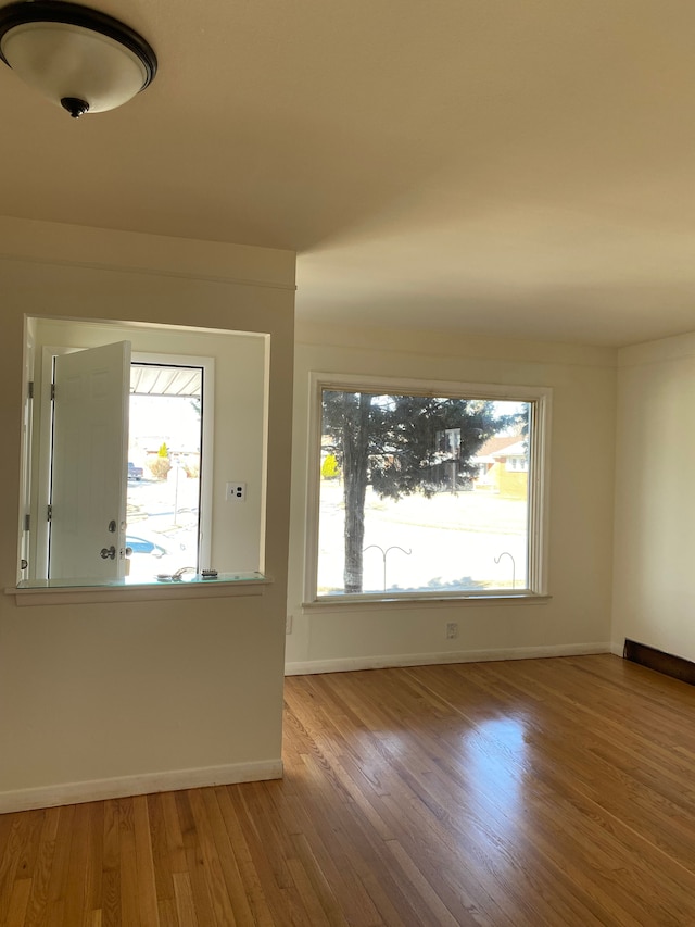 foyer entrance with baseboards, a healthy amount of sunlight, and wood finished floors