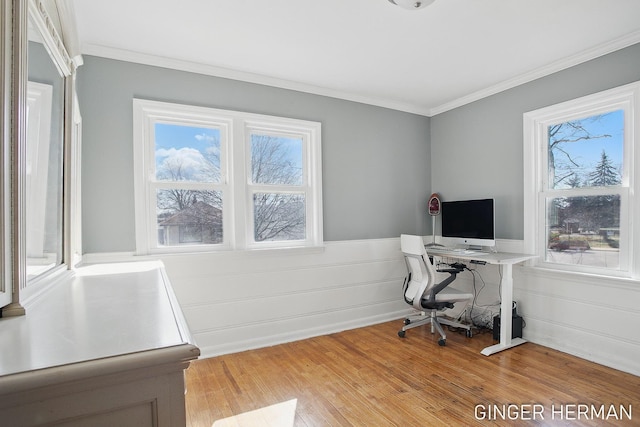 office area featuring crown molding, light wood-style floors, and wainscoting