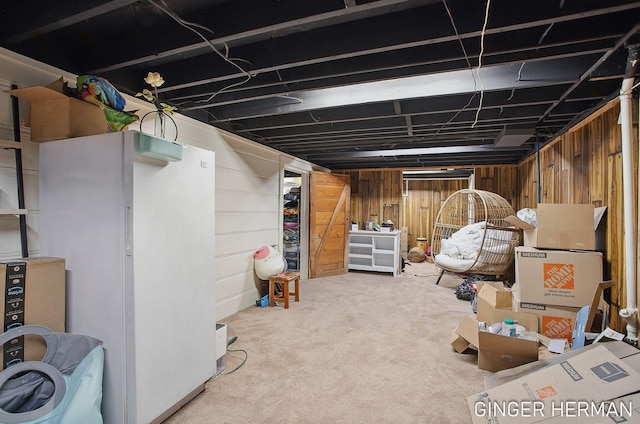 finished basement with wooden walls and carpet