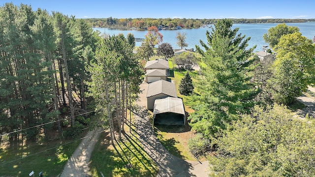 drone / aerial view featuring a water view