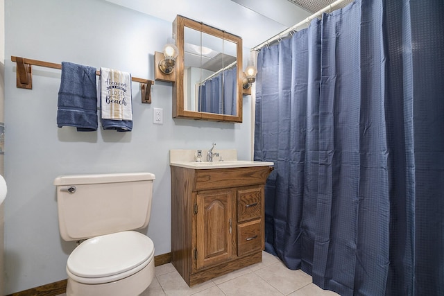 full bath with curtained shower, baseboards, toilet, tile patterned floors, and vanity