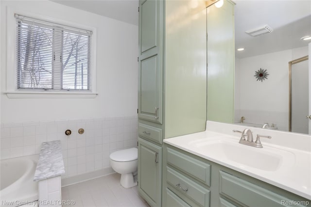 6750 Limerick Ln, Troy, MI 48098 - full bathroom featuring vanity, tile patterned flooring, a bath, and tile walls