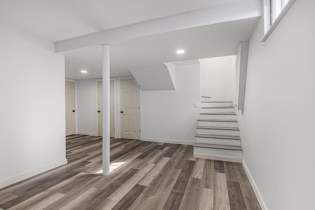 5557 Front St, Newaygo, MI 49337 - basement with stairway, recessed lighting, baseboards, and wood finished floors
