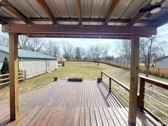 wooden deck with a lawn and a fenced backyard