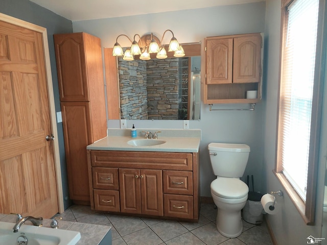 bathroom with an enclosed shower, toilet, tile patterned flooring, a bathtub, and vanity