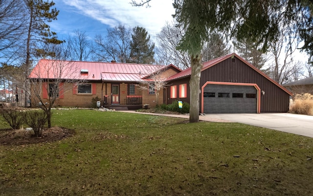 ranch-style home featuring concrete driveway, a front lawn, and metal roof