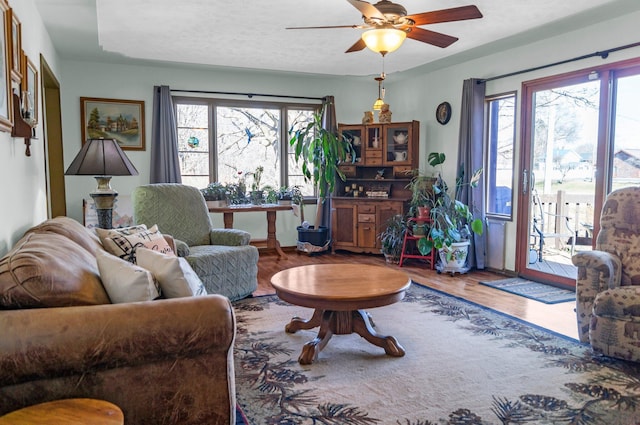 living room with ceiling fan, plenty of natural light, a textured ceiling, and wood finished floors