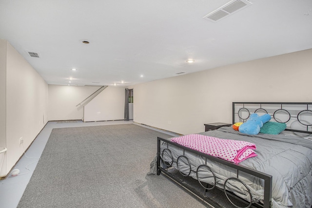 carpeted bedroom featuring visible vents and recessed lighting