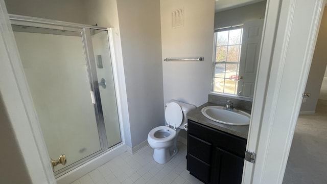 full bath featuring visible vents, toilet, a stall shower, and vanity