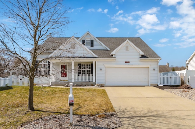 view of front facade featuring fence, a front yard, covered porch, driveway, and a gate