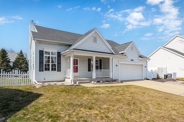 view of front of home featuring fence, a porch, a front yard, a garage, and driveway