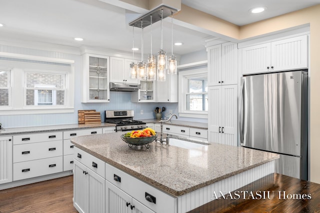 kitchen featuring glass insert cabinets, under cabinet range hood, appliances with stainless steel finishes, white cabinets, and a sink