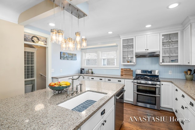 kitchen featuring a sink, white cabinets, under cabinet range hood, and stainless steel appliances