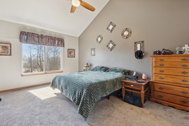 511 State St, Oxford, MI 48371 - bedroom featuring carpet flooring, baseboards, a ceiling fan, and high vaulted ceiling