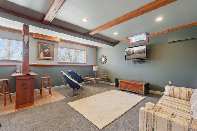 511 State St, Oxford, MI 48371 - carpeted living area featuring beamed ceiling, plenty of natural light, recessed lighting, and baseboards