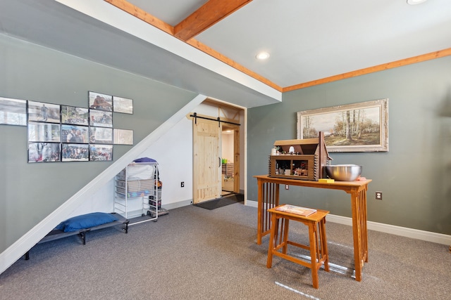 511 State St, Oxford, MI 48371 - home office with carpet flooring, a barn door, baseboards, and recessed lighting