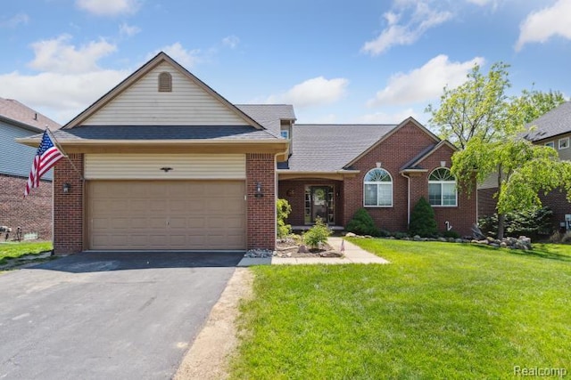 511 State St, Oxford, MI 48371 - view of front of house featuring asphalt driveway, brick siding, a front yard, a garage, and a shingled roof