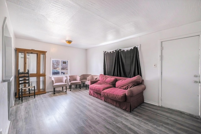 living area with a textured ceiling and wood finished floors