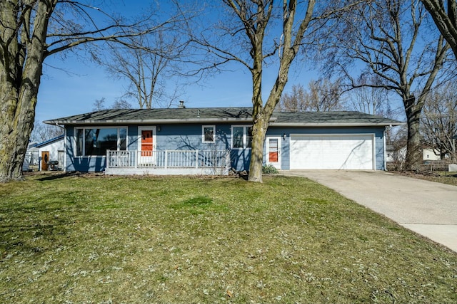 single story home with covered porch, an attached garage, concrete driveway, and a front lawn