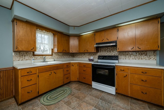 kitchen featuring electric range, ornamental molding, a sink, under cabinet range hood, and light countertops