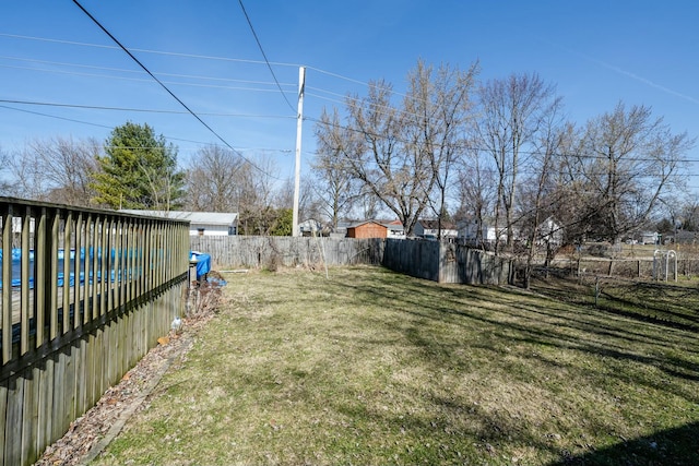 view of yard with a fenced in pool and a fenced backyard