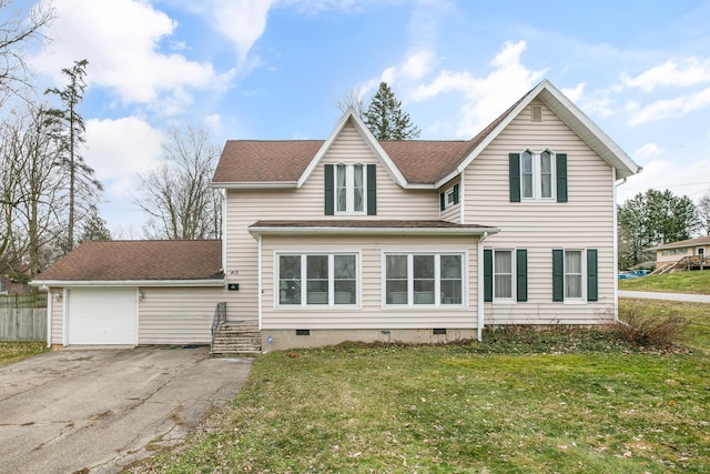 view of front facade with a garage, driveway, a front yard, a shingled roof, and crawl space