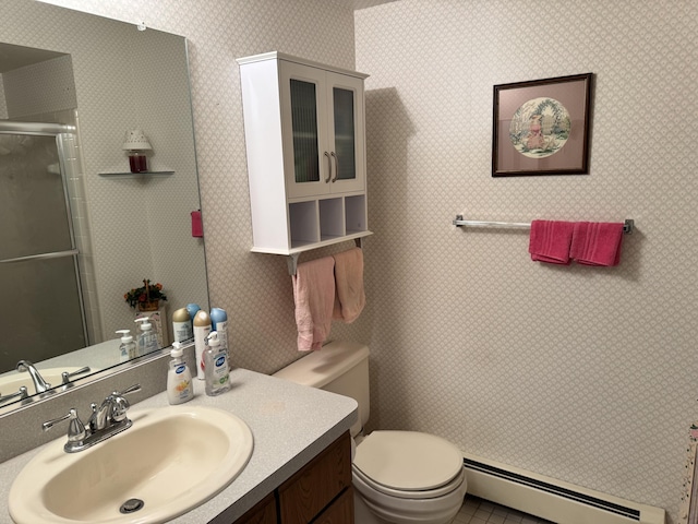 full bath with a shower stall, wallpapered walls, a baseboard heating unit, toilet, and vanity