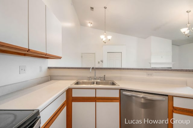 kitchen with dishwasher, white cabinets, a chandelier, and a sink