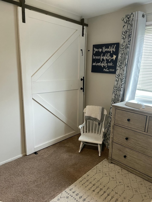 unfurnished room featuring a barn door and light carpet