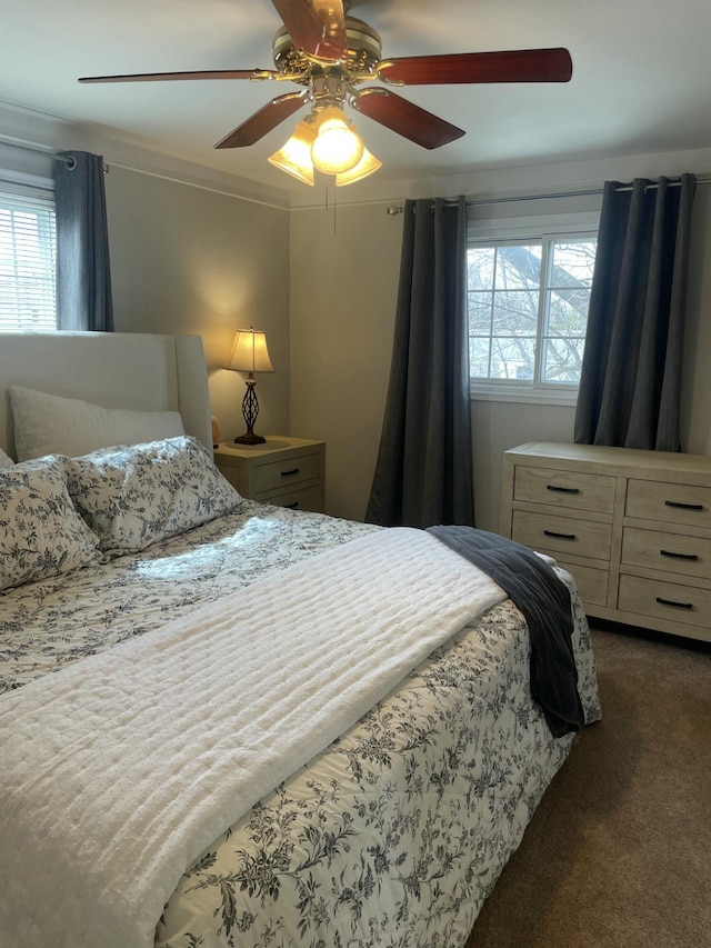 bedroom featuring multiple windows, carpet flooring, and ceiling fan