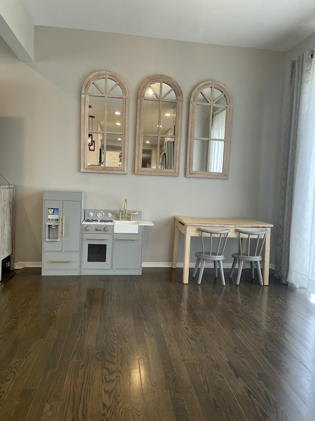 interior space with a sink, baseboards, and dark wood-type flooring