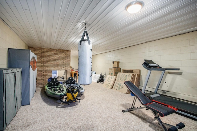 workout area with concrete block wall and carpet